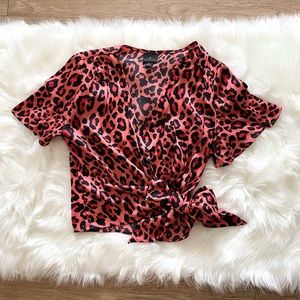 Worthington Size S Hot Pink Leopard Print Satin Wrap Top